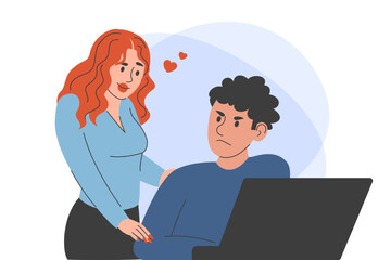 Sexual harassment in the office vector isolated. Employee suffering from abuse, unwanted attention from the boss. Woman flirting with male employee.