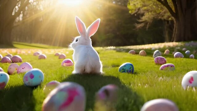 3d realistic white Easter Bunny playing in a grass field filled with easter eggs and copy space area. Suitable for use for Happy Easter Videos .