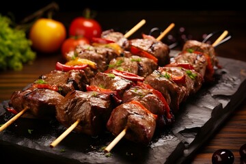 Grilled meat on skewers: Shish kebab style. Concept Grilled meat, Skewers, Shish kebab, Outdoor...