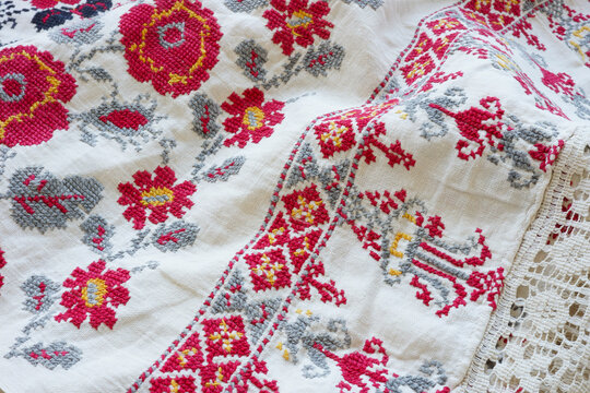 Fabric embroidered with Ukrainian folk ethnic patterns.