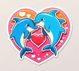Obraz premium two blue dolphins with pink hearts in the background. The background is a light orange, pink, and purple gradient