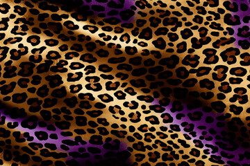 Sultry leopard print with a shimmering gold base and accents of black and purple for an opulent textile design