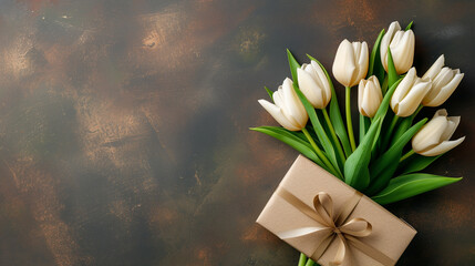 Bouquet of white tulips, card with copy space. Easter.