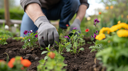 Man planting flowers outdoors on sunny day.