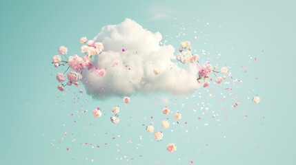 photo of fluffy cloud raining spring flowers and pastel color confetti from the cloud on a pastel background