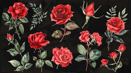 Watercolor Floral Illustration Set - Red Rose

