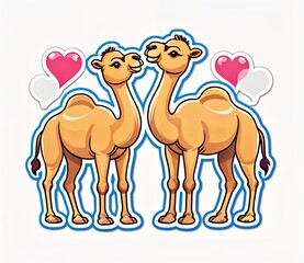 two cartoon camels standing side by side, each with a heart symbol above them. They are depicted in a sticker-like style with thick black outlines and bright colors.