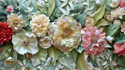 Handcrafted Paper Floral Art on Pastel Background. Handcrafted paper flowers in soft pastel shades, beautifully arranged to create a stunning piece of floral art on a pastel background.