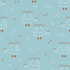Cute Cartoon Helicopter and Clouds Seamless Pattern for Baby Boy. Line Art Flying Helicopters. Blue Pattern for Kids Fashion. Vector illustration.