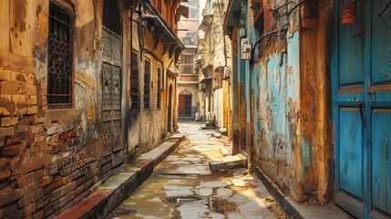Fotobehang Smal steegje Old Narrow Alley in Varanasi, India. An atmospheric narrow alley in Varanasi, India, showcasing the ancient city's characteristic architecture with worn textures and vibrant colors.