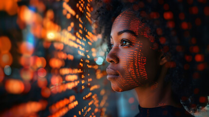 foto minimalista de una mujer negra experta en seguridad cibernética con código AI superpuesto a su alrededor y sobre su cara. - obrazy, fototapety, plakaty