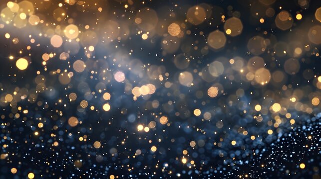 abstract background with Dark blue and gold particle. Christmas Golden light shine particles bokeh on navy blue background. Gold foil texture. Holiday concept.