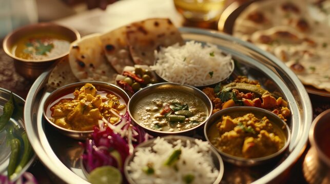 Assorted Indian Dishes in a Thali. A complete Indian Thali dining experience with a selection of various traditional dishes and condiments on a rustic table.