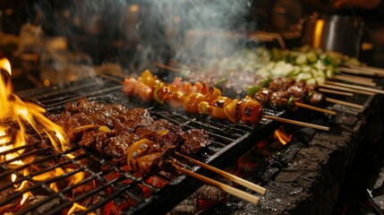 Flaming Barbecue Grill with Meat and Vegetables. Flames lick the succulent skewers of meat and vibrant vegetables on a charcoal grill, enveloped in aromatic smoke. - obrazy, fototapety, plakaty