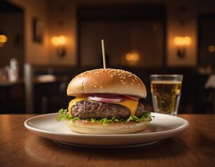 Cheeseburger on a plate in the restaurant - 740028557