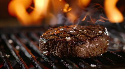 Seared Steak on Grill with Flames and Smoke. Intense flames and smoke rise as a steak is seared to perfection on a hot grill, creating tantalizing char marks.