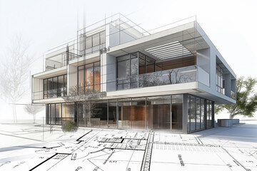Projet de construction d'une maison moderne d'architecte sous forme d'esquisse avec plan - 740029175