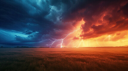 Naklejka na ściany i meble lightning storm over field and night sky