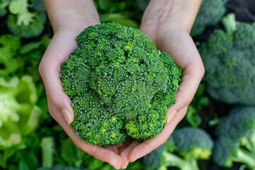 Naklejka na ściany i meble Close up of vibrant organic broccoli held in hands