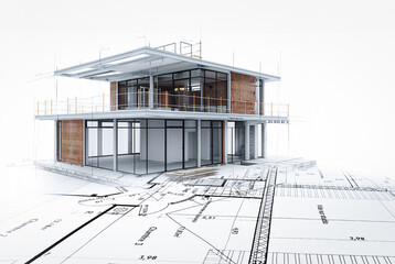 Projet de construction d'une maison moderne d'architecte sous forme d'esquisse avec plan - 740029357