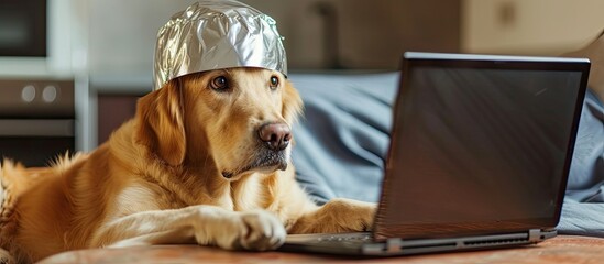 A dog wearing a tinfoil hat concentrates on using a laptop.