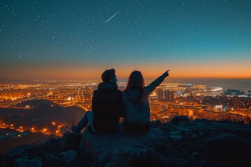 A couple shares a peaceful moment atop a rocky mountain, gazing at the twinkling stars above and the illuminated city below, the warm hues of sunset casting a romantic glow on their outdoor attire