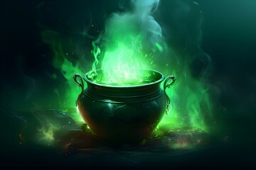 Cauldron with green glowing potion on dark foggy backdrop. Concept Witch's Cauldron, Glowing Potion, Dark Atmosphere, Foggy Backdrop