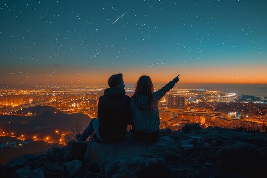 A couple shares a peaceful moment atop a rocky mountain, gazing at the twinkling stars above and the illuminated city below, the warm hues of sunset casting a romantic glow on their outdoor attire