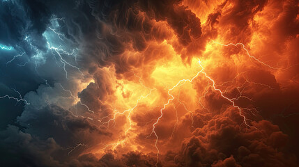 lightning storm with storm clouds and flame on the sky. gloomy cloudy dramatic ominous epic sky background
