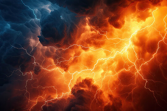 lightning storm with storm clouds and flame on the sky. gloomy cloudy dramatic ominous epic sky background