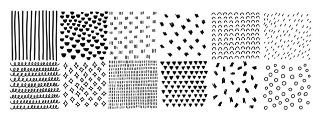 Set of hand drawn textures with different pencil patterns. Crosshatch, dots, and lines. Vector black illustration on a white background - obrazy, fototapety, plakaty