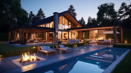 modern residential building with fire place and swimming pool in garden in the evening