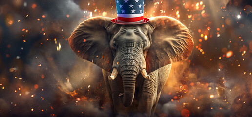 An elephant in an Uncle Sam hat poses confidently amidst a dynamic backdrop of fiery sparkles and embers