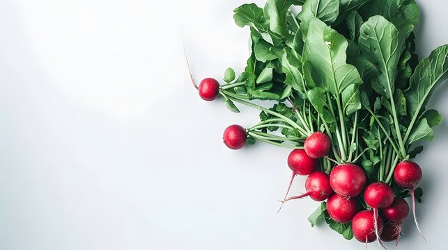 Bunch of ripe radish with green leaves isolated on white background, top view, copy space