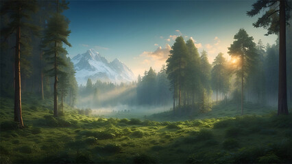 sunrise in the forest with mountain