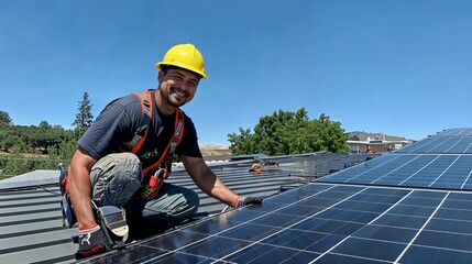 technicien en train de poser des panneaux photovoltaïques sur la toiture d'un bâtiment