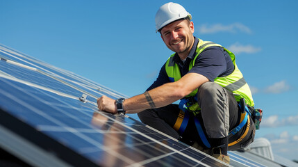 technicien en train de poser des panneaux photovoltaïques sur la toiture d'un bâtiment