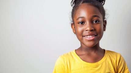 black african american joyful young girl with sparkling eyes and braided hair, wearing a yellow t-shirt, smiling cheerfully, white background, concept of happiness and parenting