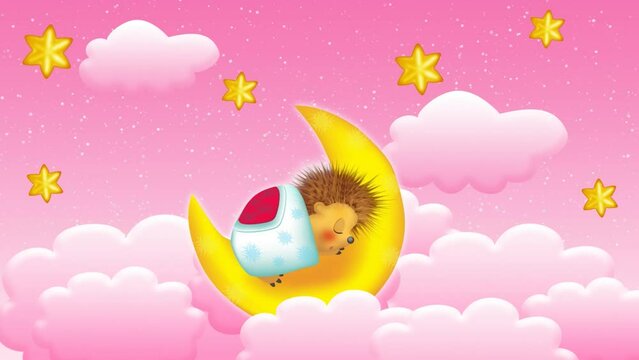 dream with cute hedgehog on the moon cartoon sleeping on a cloud, looping video background.
