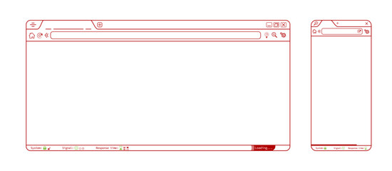 Red transparent internet browser phone app webpage, blank website template vector design. Editable lines web browser with icons illustration. Homepage mockup background illustration.
