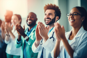 Group of medical professional clapping and celebrating teamwork support for healthcare  - obrazy, fototapety, plakaty