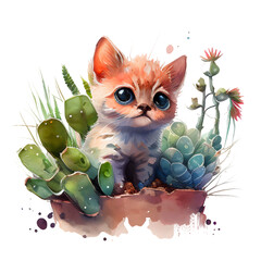 Watercolor baby cat in plants, kitten wth plants