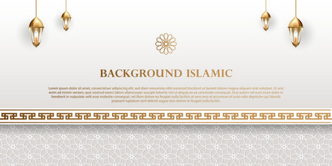 Islamic theme banner background, Arabic pattern ornaments. White color with luxurious gold silhouette. Decoration design element © Harlin