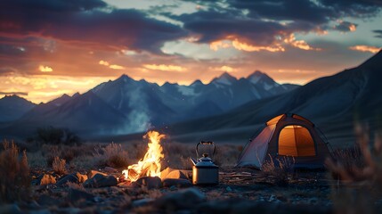 Coffee pot on campfire. Small kettle is heated on a bonfire. Hiking, travel in the mountains. Outdoor recreation concept. - obrazy, fototapety, plakaty