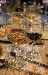 Bottles and glasses of wine. Tasting of sweet Bulgarian wines, Varna (Bulgaria)