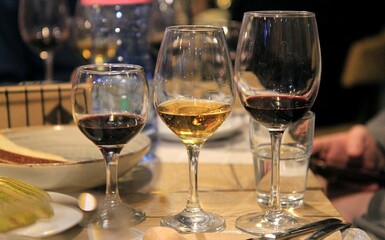 Bottles and glasses of wine. Tasting of sweet Bulgarian wines, Varna (Bulgaria)