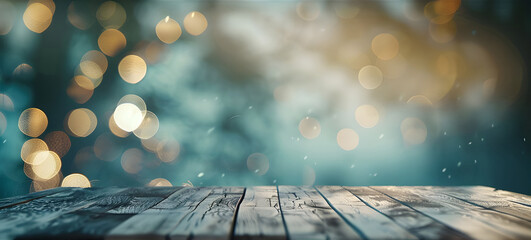 Warm bokeh blue tone vintage on wooden table - Ai Generated - obrazy, fototapety, plakaty
