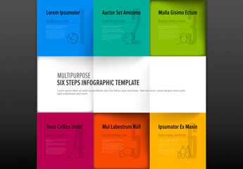 Six steps instructions template with description and icons in colorful mosaic 