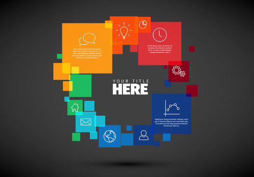 Vector rainbow diagram with various descriptive squares - dark infographic template