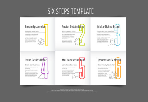 Six white steps progress template with big color number icon and description on light folded paper background